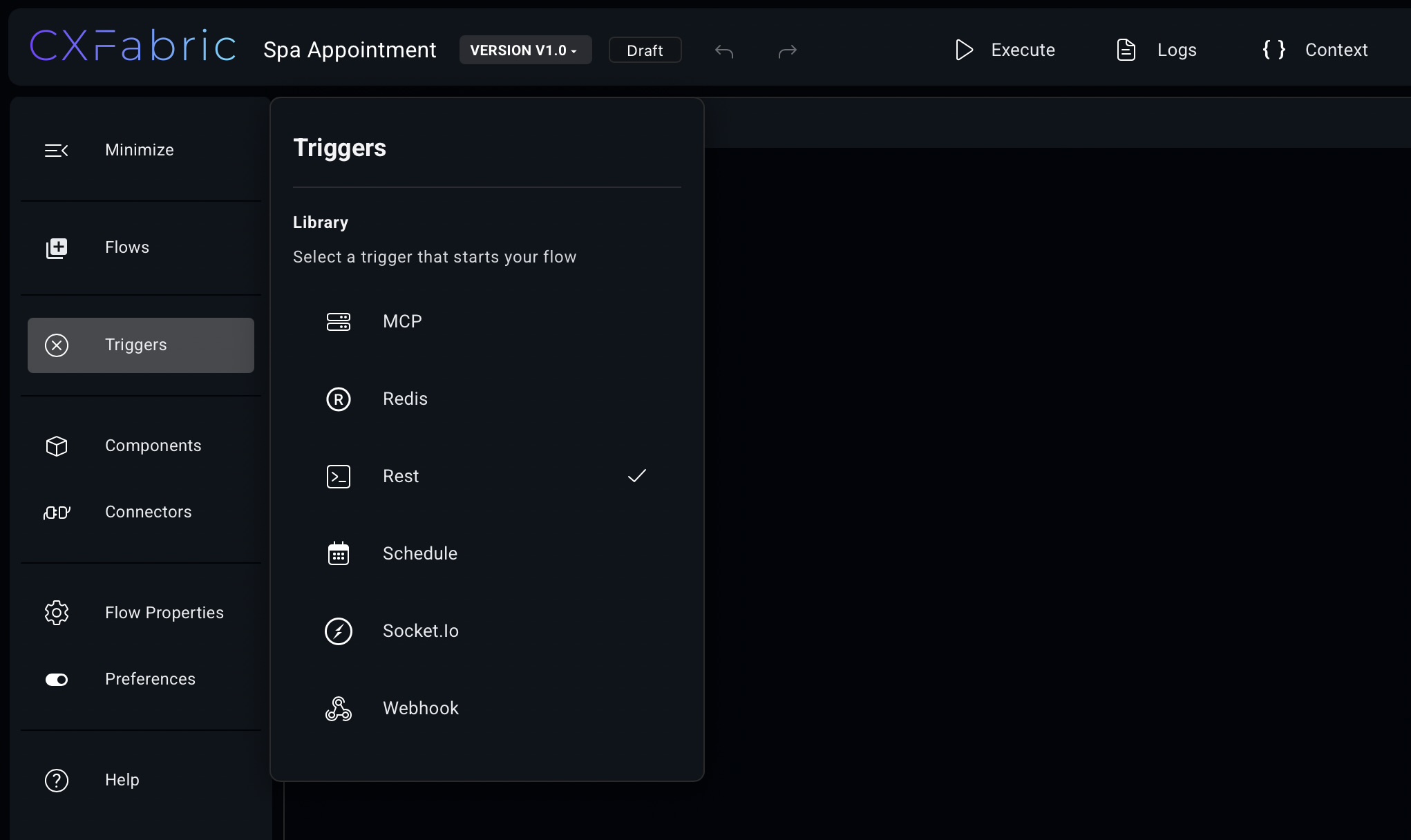 Dark mode CXFabric designer library showing available triggers.