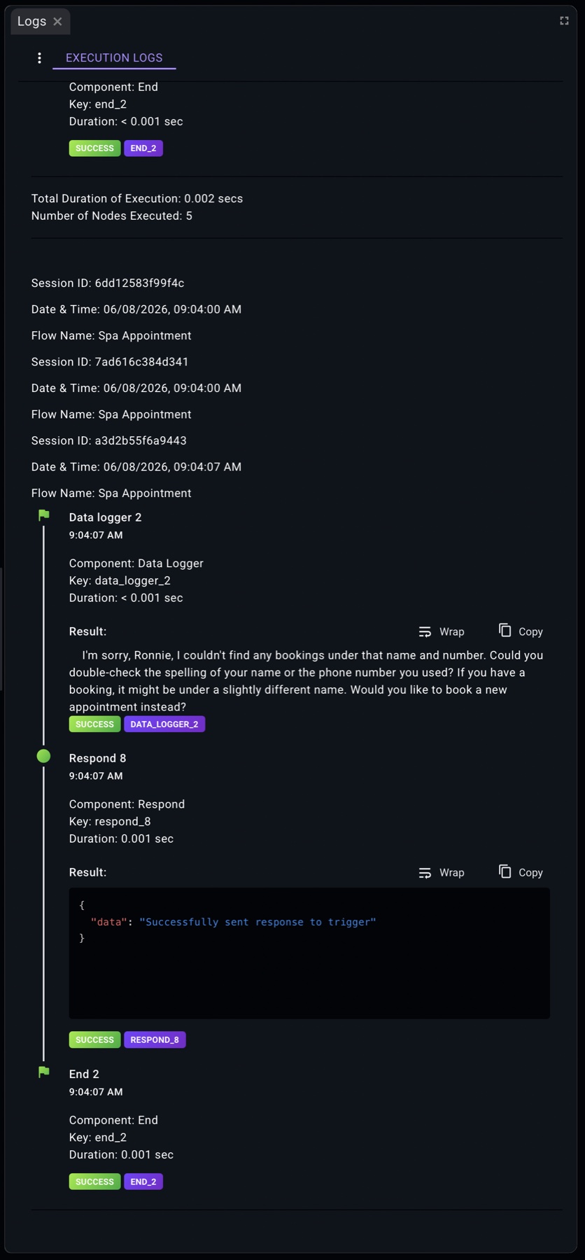 CXFabric in-designer real-time execution log in dark mode.
