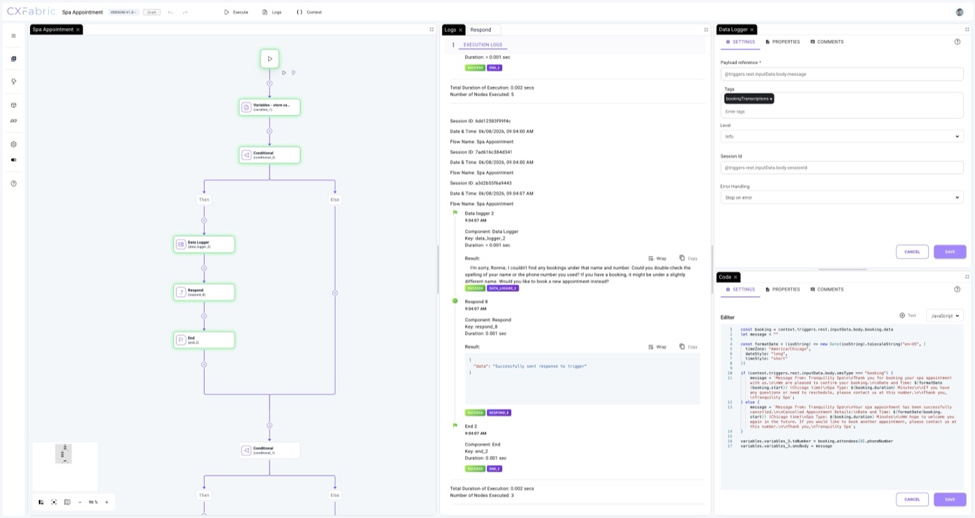 CXFabric workflow designer in light mode with a visual automation canvas.